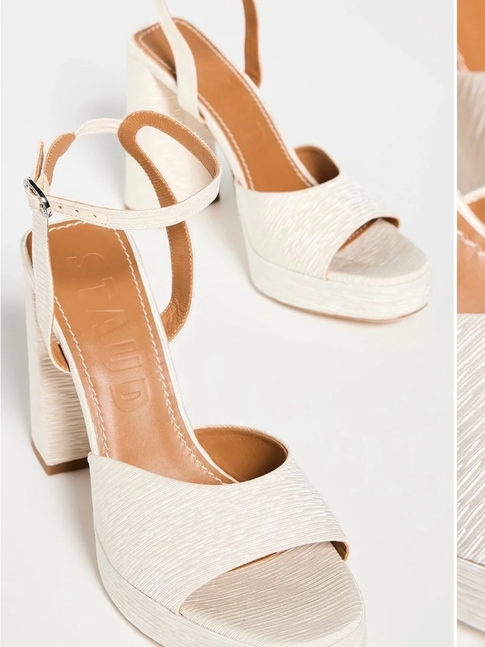 STAUD Cream Textured Platform Ankle-Strap Sandals